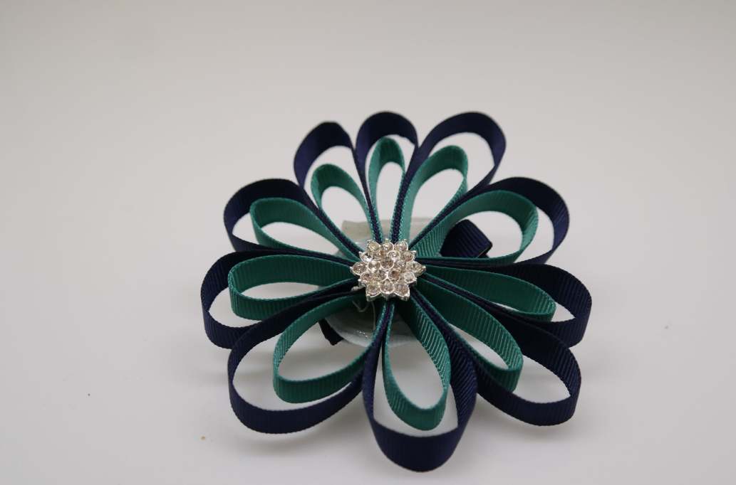 Large petal flower hair Bow with colors  Navy Blue, Jade